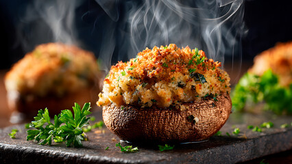 Mushrooms stuffed with herbs and breadcrumbs, warm and fresh from the oven