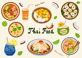 Thai food set with noodles, curries, soups, rice, rolls, coconut drinks and lime slices. For menus, restaurant posters, food blogs and social media.