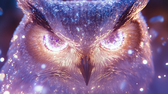 Owl portrait glowing with colorful paint, palette of spectral indigo, twilight magenta, and luminous pearl