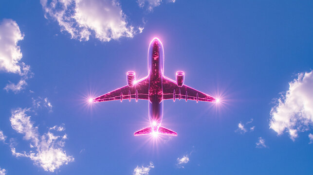 A red airplane glowing, palette of spectral indigo, luminous pearl, and radiant crimson, conceptual dreamcore design, AI generated