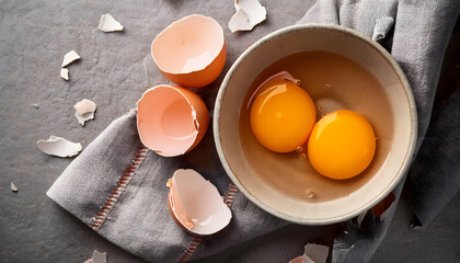 Two cracked eggshells and two egg yolks in a bowl on a gray cloth, showcasing the contrast between the vibrant yolks and the muted background. Top view.  Generative AI