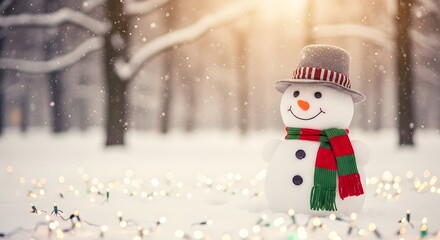Festive Snowman with Lights A Cheerful Winter Holiday Scene in a Snowy Landscape