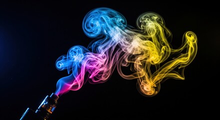 Fototapeta premium e-cigarette - Electronic cigarette vape device emitting thick swirl of blue yellow and pink colorful smoke on black background