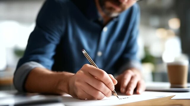Hands sketching with pencil on paper face not visible hand drawing sketch work pencil illustration design drafting traditional drawing sketch process paper and pencil desk