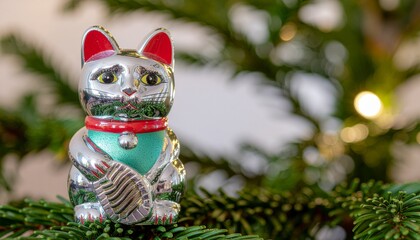 Lucky maneki neko cat ornament brings good fortune this holiday season, perfect for festive decorations and a touch of Japanese culture