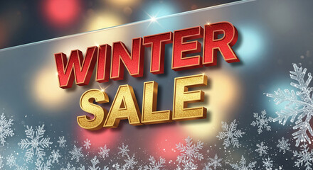 Image of "Winter Sale" text, red and golden, on blurred background with snowflake. Concept for seasonal promotion, retail, festive shopping