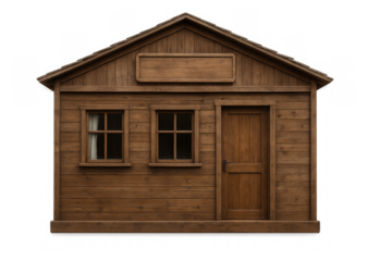Rustic wooden cabin with windows and door, featuring a blank sign board, isolated on transparent background
