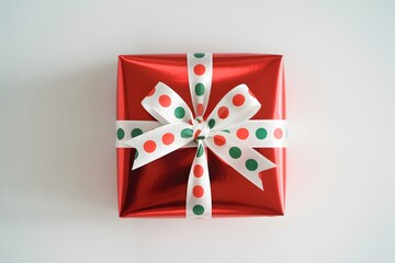 Christmas gift box with shiny red wrapping and polka dot ribbon decoration