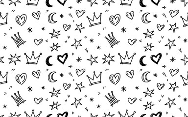 seamless pattern with crown moon and hearts