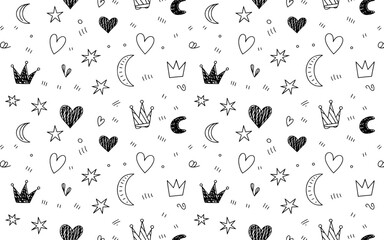 seamless pattern with crown moon and hearts