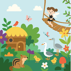 Obraz premium Sweet Woodland Fairy and Forest Animal Friends Scene