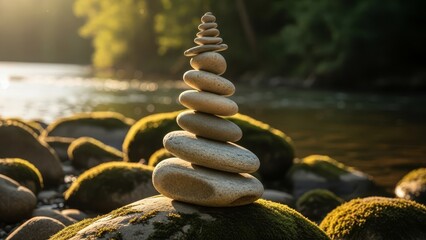 A stacked stone formation rises near a riverbank casting a tranquil scene Mosscovered rocks surround the stack with greenery blurred in the background
