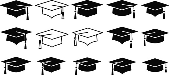 Graduation Cap Icon Set, Academic Black and White Mortarboard Hat Vectors on Transparent