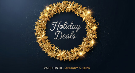 Golden star wreath with a dark background, representing festive promotion and holiday season, showcasing special offers for a limited time