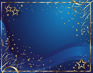 Festive blue background with shimmering golden stars, confetti, and decorative frame