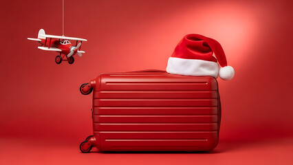 Red holiday luggage with a Santa hat and a toy airplane, ready for Christmas travel adventures
