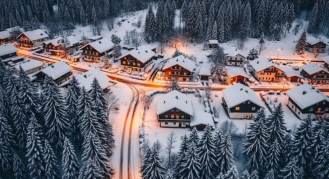 Winter Wonderland - A Snowy Village Scene in the Mountains.