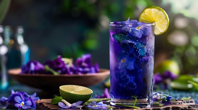 A vibrant blue butterfly pea flower drink with lime garnish and floral decorations around it