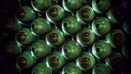 A horror themed green background of endless wobbly 3D eyeballs.