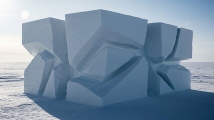 An ice sculpture made from large rectangular blocks with angular cuts stands on a flat snowcovered plain under a bright sky