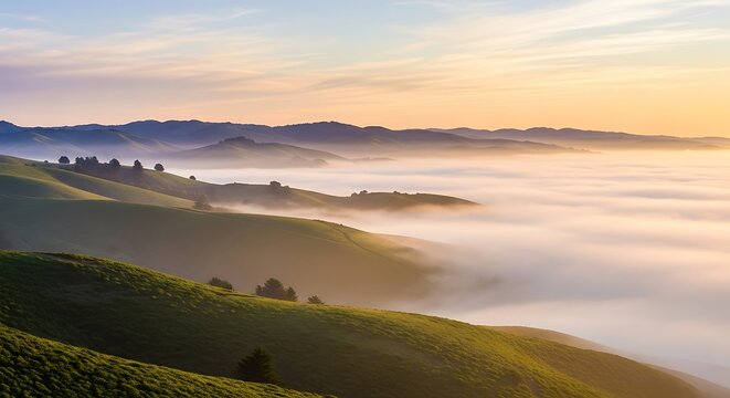 Misty rolling hills bathed in golden sunrise light over a serene landscape