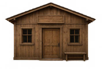 Wooden isolated cabin with blank sign and bench, rustic house facade for design element, front view, transparent background