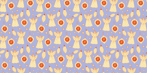 White angels and red Christmas balls on a blue background pattern. Cute winter hand-drawn wallpaper for wrapping paper.