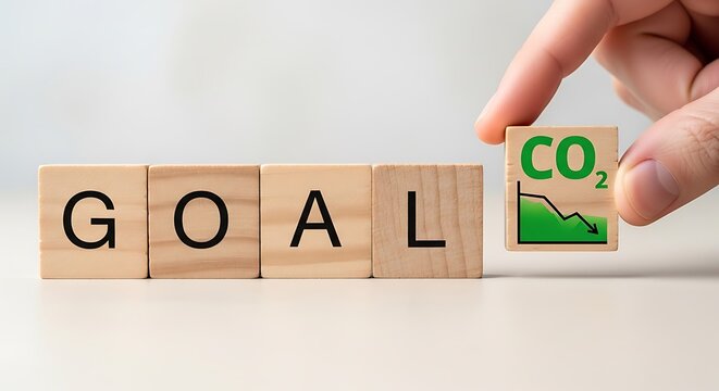 Achieving a CO2 reduction goal with a declining graph on wooden blocks - Powered by Adobe