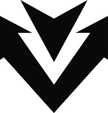 Solid black flat valley-selective circularly polarized light arrow split, 1 layer only, single filled shape, transparent background