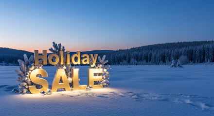 Golden "Holiday Sale" text in snowy landscape with trees, presenting seasonal promotion and festive atmosphere against a twilight sky with stars