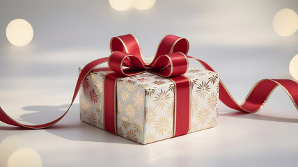 Christmas gift box with elegant snowflake wrapping and red ribbon decoration