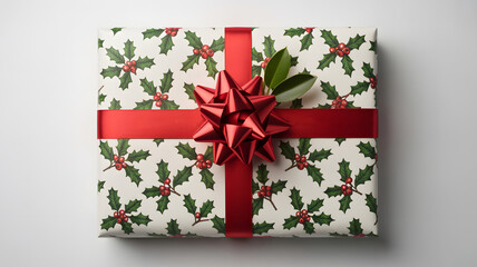 Christmas gift box with holly leaf wrapping and red ribbon bow decoration