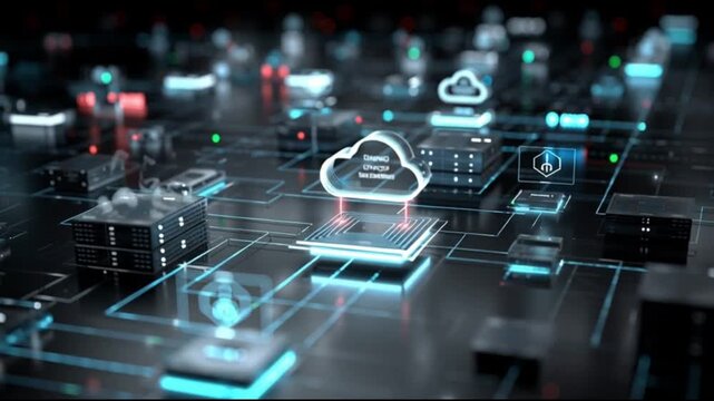 Hyperscaler. Cloud infrastructure technology innovation. Data center. Compute power. Virtualization. Futuristic digital cloud computing network concept illustration.