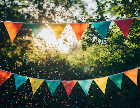Colorful party bunting flags and falling confetti create a festive outdoor celebration scene - Powered by Adobe