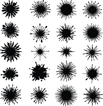Ink splatter icon set in black line style featuring radial bursts and textured explosion patterns