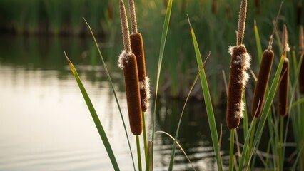 Cattails brown cylindrical stand amidst tall grass by a serene body of water
