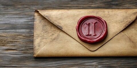 Elegant Vintage Envelope with Red Wax Seal on a Rustic Wooden Surface, Timeless Charm and Appeal