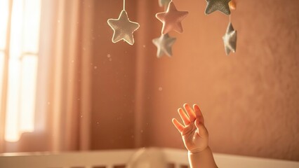 Baby reaching for star mobile in crib with sunlight streaming through window in nursery room interior
