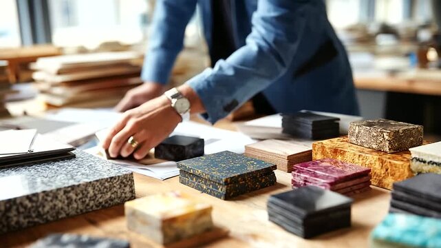 Overhead view of various material samples spread out no faces visible material selection sample collection texture variety design materials sample array material planning