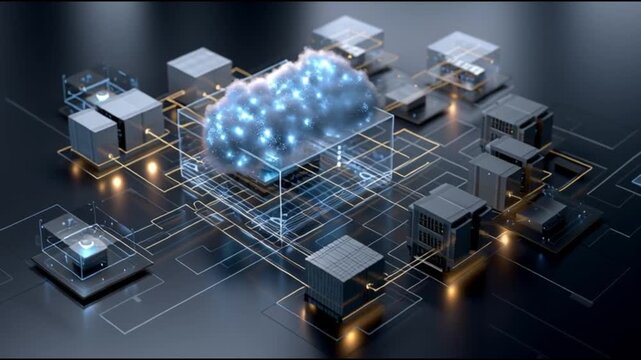 Hyperscaler. Cloud infrastructure technology innovation. Data center. Compute power. Virtualization. A futuristic representation of cloud computing infrastructure.