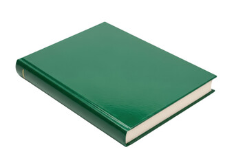Isolated hardback book with a dark green cover, lying diagonally and seen from above