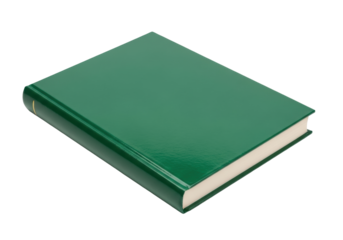 Isolated hardback book with a dark green cover, lying diagonally and seen from above