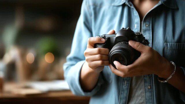 Photographer hands adjusting camera settings face not shown photography work camera operation visual content photo shoot professional photographer equipment handling studio