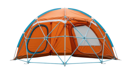 Isolated orange geodesic dome tent for camping or scientific research in remote locations