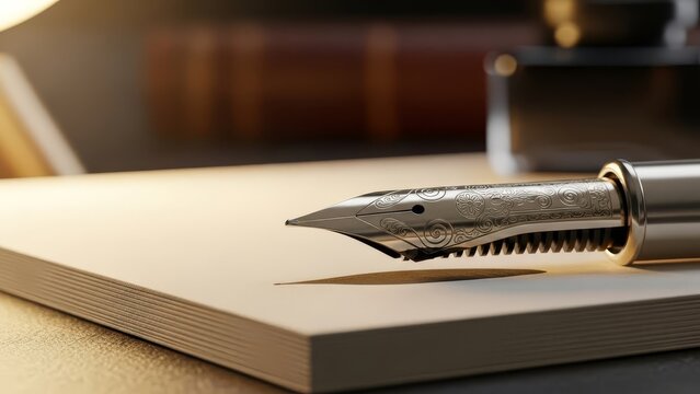 Closeup ornate silver fountain pen poised above a stack of paper inkwell and book in background warmly lit