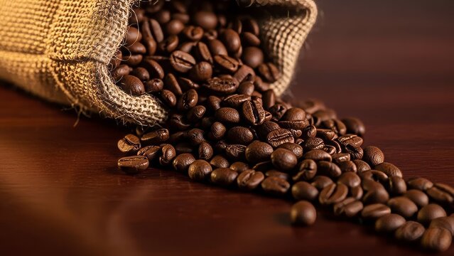 Coffee beans spill from a burlap sack onto a wooden surface