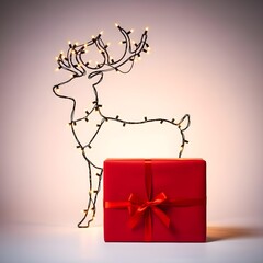 Simple line art of a reindeer silhouette, monochrome, with a red gift box with a bow on a plain background, studio shot, high resolution, Christmas lights twinkling in the background, winter night.
