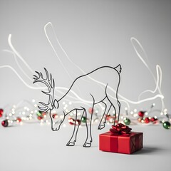 Simple line art of a reindeer silhouette, monochrome, with a red gift box with a bow on a plain background, studio shot, high resolution, Christmas lights twinkling in the background, winter night.