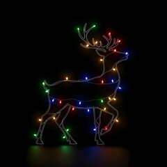 Simple line art of a reindeer silhouette, monochrome, with a red gift box with a bow on a plain background, studio shot, high resolution, Christmas lights twinkling in the background, winter night.