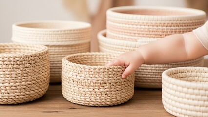 A child reaches for a small woven basket surrounded by other baskets of varying sizes and designs
